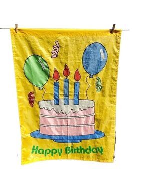 Vtg Happy Birthday Large Cake Balloons outdoor flag party decoration decor Sign